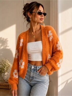 Orange Fuzzy Daisy Cardigan Sweater Soft Cozy Floral Open Front Size M